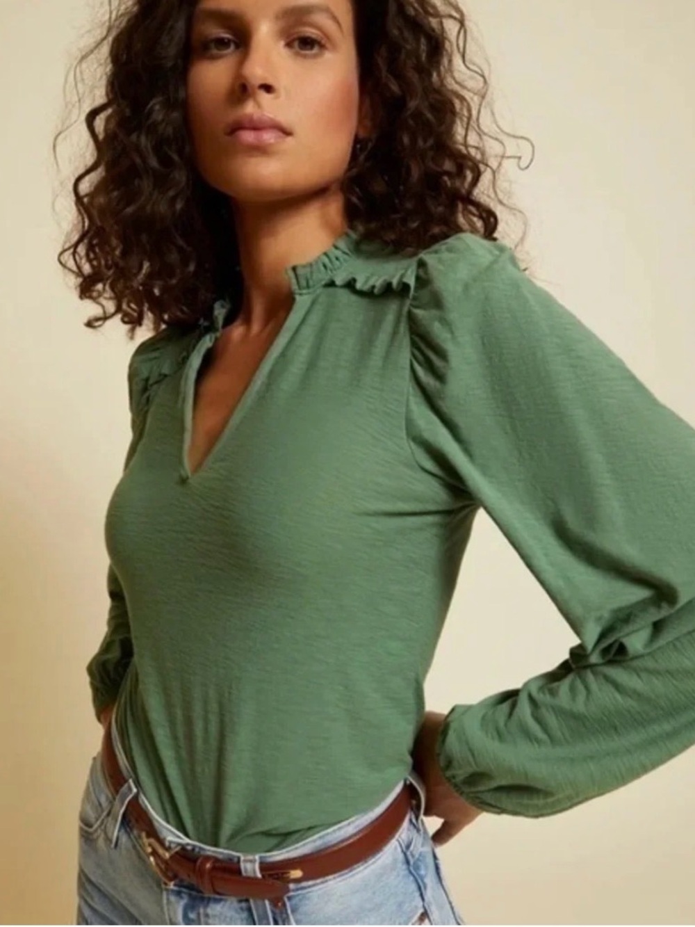 Nation LTD Sage Green V-Neck Long Sleeve Top